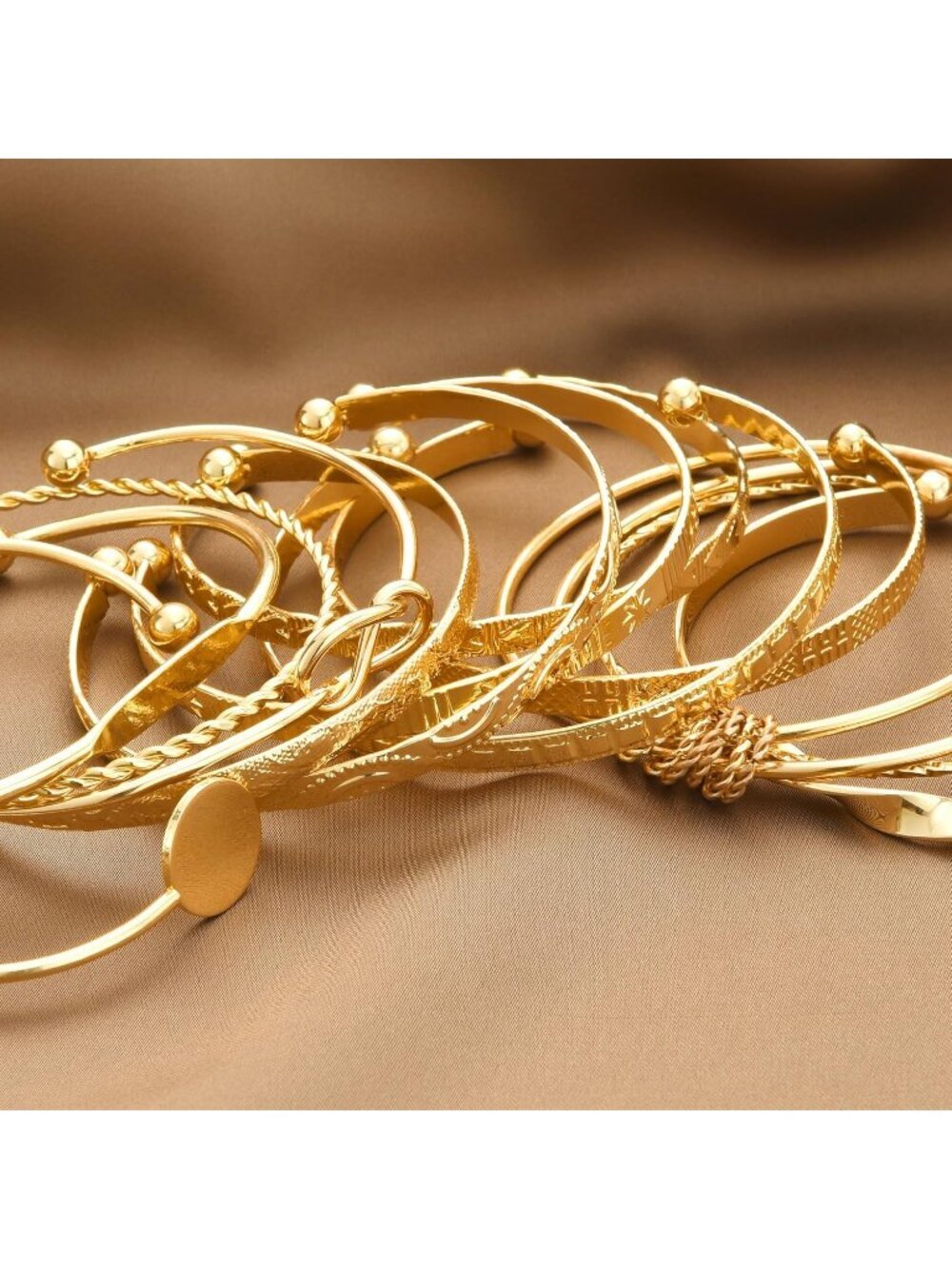 Women's Indian Bangles Set, Multi Layer Textured 14k Gold Plated Chunky Bracelet - Picture 5 of 7